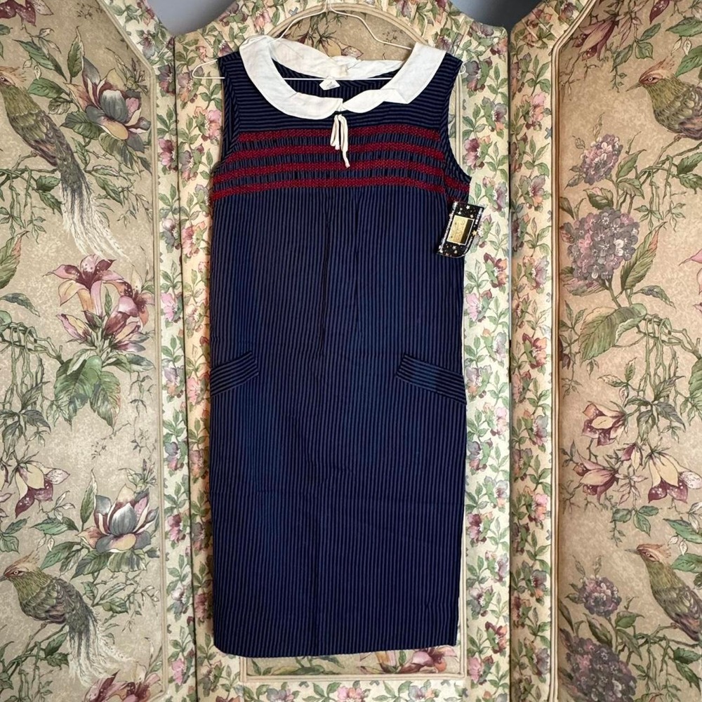 Vintage Kenrose 1960s Mod Stripe Blue Midi Dress White Peter Pan Collar Size 16